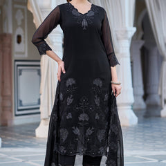 Women's Faux Blooming Georgette Embroidered Kurti Pant Set with Embroidered Dupatta