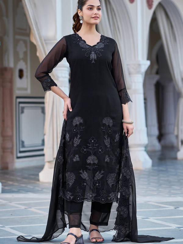 Women's Faux Blooming Georgette Embroidered Kurti Pant Set with Embroidered Dupatta