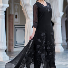 Women's Faux Blooming Georgette Embroidered Kurti Pant Set with Embroidered Dupatta