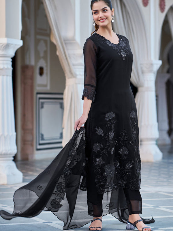 Women's Faux Blooming Georgette Embroidered Kurti Pant Set with Embroidered Dupatta