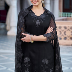 Women's Faux Blooming Georgette Embroidered Kurti Pant Set with Embroidered Dupatta