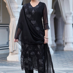 Women's Faux Blooming Georgette Embroidered Kurti Pant Set with Embroidered Dupatta