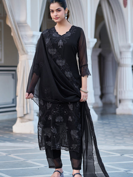 Women's Faux Blooming Georgette Embroidered Kurti Pant Set with Embroidered Dupatta