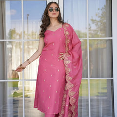 Women's Viscose Zari Chanderi Embroidered Kurti Pant Set with Embroidered Dupatta