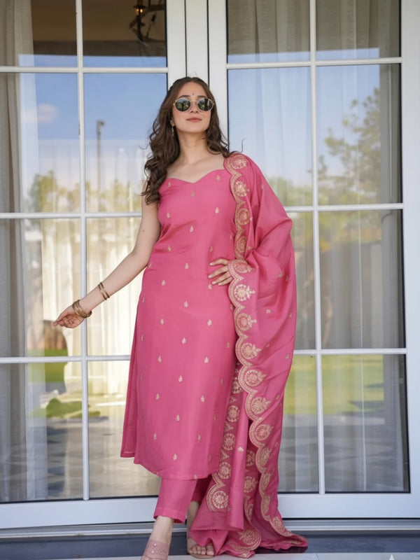 Women's Viscose Zari Chanderi Embroidered Kurti Pant Set with Embroidered Dupatta