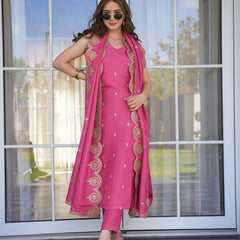Women's Viscose Zari Chanderi Embroidered Kurti Pant Set with Embroidered Dupatta