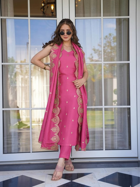 Women's Viscose Zari Chanderi Embroidered Kurti Pant Set with Embroidered Dupatta