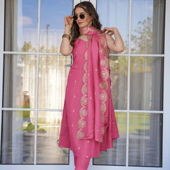 Women's Viscose Zari Chanderi Embroidered Kurti Pant Set with Embroidered Dupatta