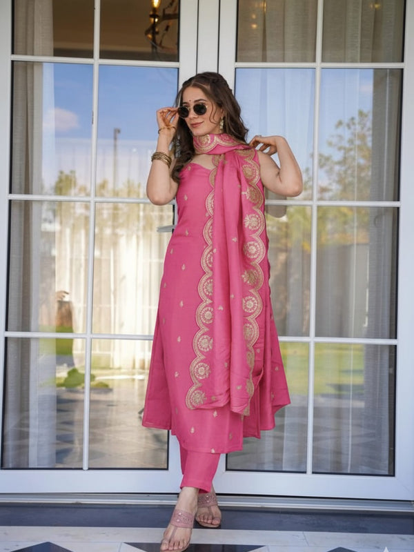 Women's Viscose Zari Chanderi Embroidered Kurti Pant Set with Embroidered Dupatta