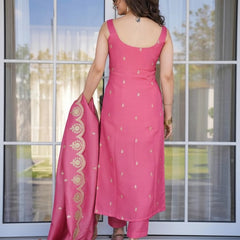 Women's Viscose Zari Chanderi Embroidered Kurti Pant Set with Embroidered Dupatta