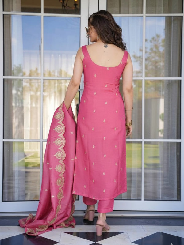 Women's Viscose Zari Chanderi Embroidered Kurti Pant Set with Embroidered Dupatta