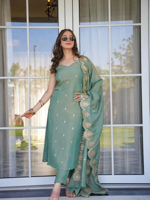 Women's Viscose Zari Chanderi Embroidered Kurti Pant Set with Embroidered Dupatta