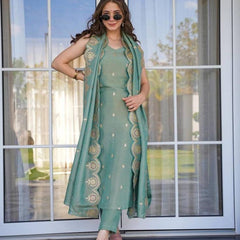 Women's Viscose Zari Chanderi Embroidered Kurti Pant Set with Embroidered Dupatta