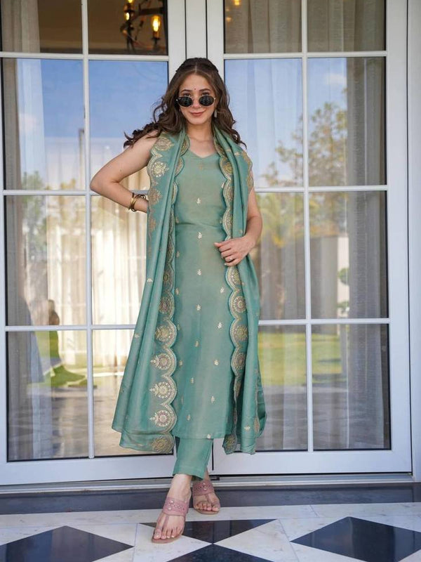 Women's Viscose Zari Chanderi Embroidered Kurti Pant Set with Embroidered Dupatta