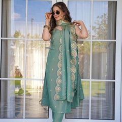 Women's Viscose Zari Chanderi Embroidered Kurti Pant Set with Embroidered Dupatta