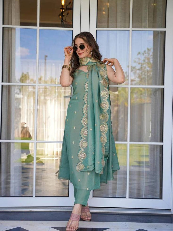 Women's Viscose Zari Chanderi Embroidered Kurti Pant Set with Embroidered Dupatta