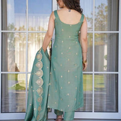 Women's Viscose Zari Chanderi Embroidered Kurti Pant Set with Embroidered Dupatta