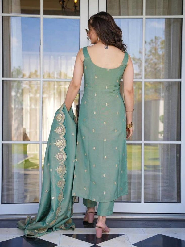 Women's Viscose Zari Chanderi Embroidered Kurti Pant Set with Embroidered Dupatta
