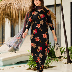Women's Silk Blend Printed Kurti Pant Set with Jacquard Tabby Organza Dupatta
