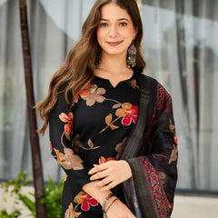 Women's Silk Blend Printed Kurti Pant Set with Jacquard Tabby Organza Dupatta