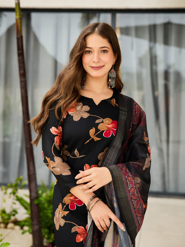 Women's Silk Blend Printed Kurti Pant Set with Jacquard Tabby Organza Dupatta