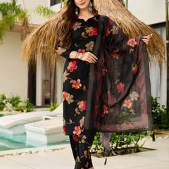 Women's Silk Blend Printed Kurti Pant Set with Jacquard Tabby Organza Dupatta