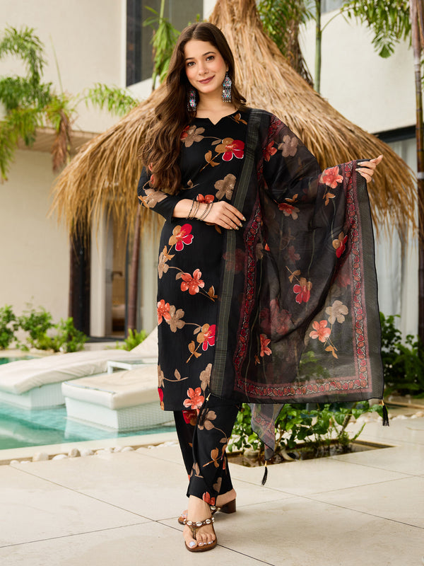 Women's Silk Blend Printed Kurti Pant Set with Jacquard Tabby Organza Dupatta