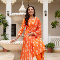 Women's Cotton Blend Printed Kurti Pant Set with Printed Faux Georgette Dupatta
