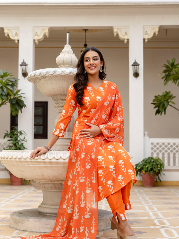 Women's Cotton Blend Printed Kurti Pant Set with Printed Faux Georgette Dupatta