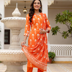 Women's Cotton Blend Printed Kurti Pant Set with Printed Faux Georgette Dupatta
