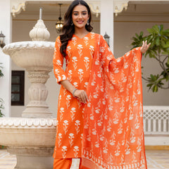 Women's Cotton Blend Printed Kurti Pant Set with Printed Faux Georgette Dupatta