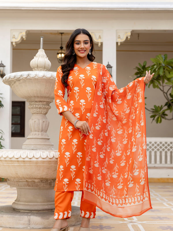Women's Cotton Blend Printed Kurti Pant Set with Printed Faux Georgette Dupatta