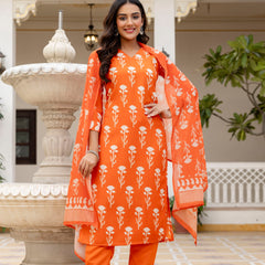 Women's Cotton Blend Printed Kurti Pant Set with Printed Faux Georgette Dupatta