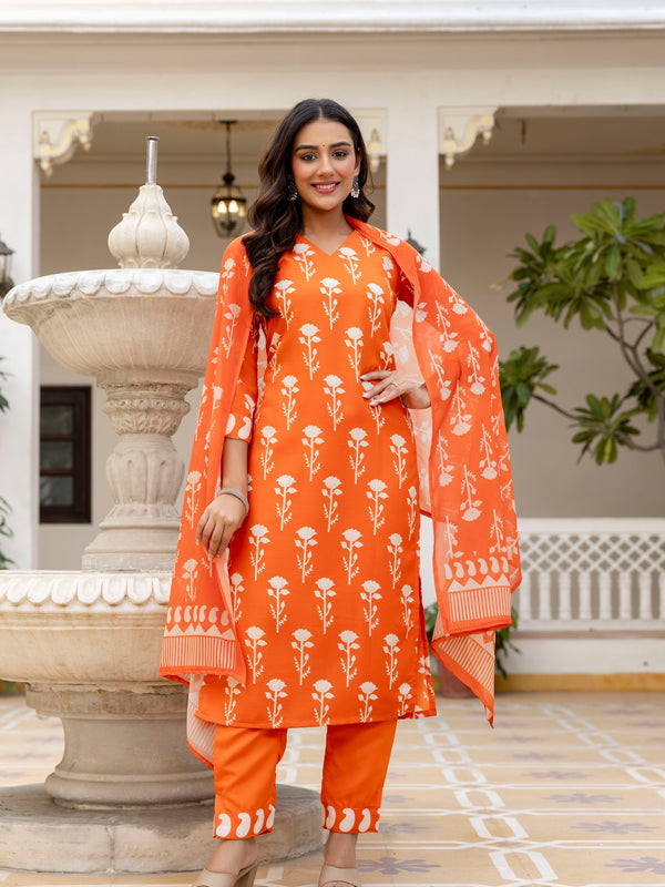 Women's Cotton Blend Printed Kurti Pant Set with Printed Faux Georgette Dupatta