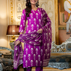Women's Cotton Blend Printed Kurti Pant Set with Printed Faux Georgette Dupatta