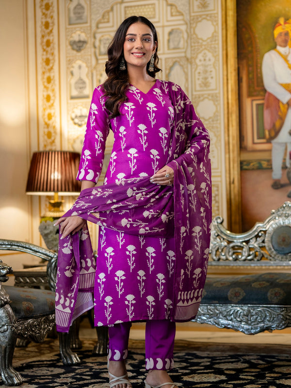 Women's Cotton Blend Printed Kurti Pant Set with Printed Faux Georgette Dupatta