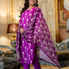 Women's Cotton Blend Printed Kurti Pant Set with Printed Faux Georgette Dupatta