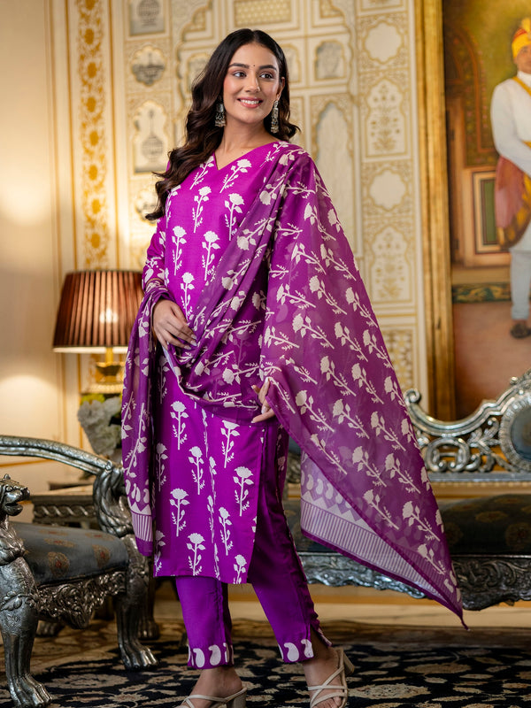 Women's Cotton Blend Printed Kurti Pant Set with Printed Faux Georgette Dupatta