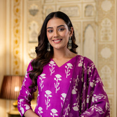 Women's Cotton Blend Printed Kurti Pant Set with Printed Faux Georgette Dupatta