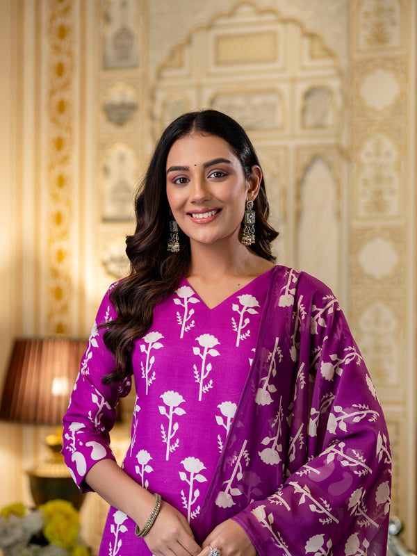 Women's Cotton Blend Printed Kurti Pant Set with Printed Faux Georgette Dupatta