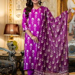 Women's Cotton Blend Printed Kurti Pant Set with Printed Faux Georgette Dupatta
