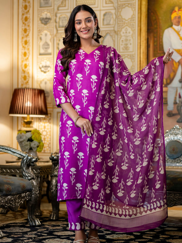 Women's Cotton Blend Printed Kurti Pant Set with Printed Faux Georgette Dupatta