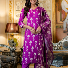 Women's Cotton Blend Printed Kurti Pant Set with Printed Faux Georgette Dupatta