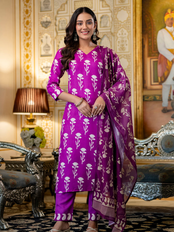 Women's Cotton Blend Printed Kurti Pant Set with Printed Faux Georgette Dupatta