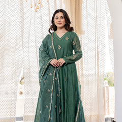Women's Chanderi Silk Embroidered Kurti Pant Set with Embroidered Chanderi Gadhwal Dupatta