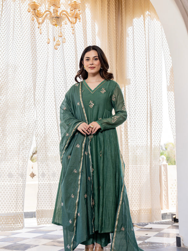 Women's Chanderi Silk Embroidered Kurti Pant Set with Embroidered Chanderi Gadhwal Dupatta