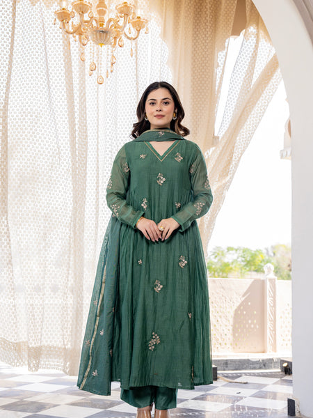 Women's Chanderi Silk Embroidered Kurti Pant Set with Embroidered Chanderi Gadhwal Dupatta