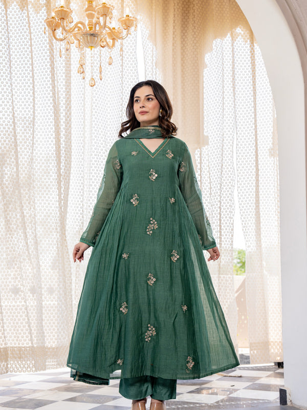 Women's Chanderi Silk Embroidered Kurti Pant Set with Embroidered Chanderi Gadhwal Dupatta