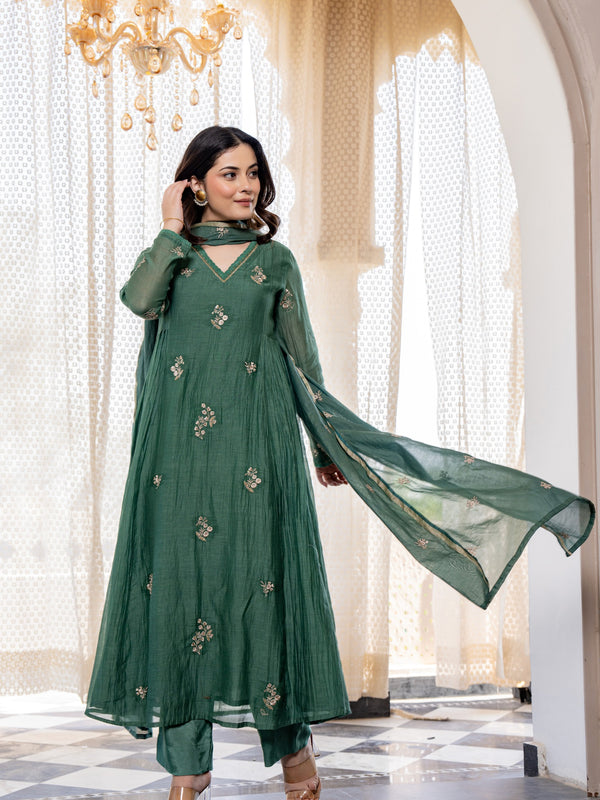 Women's Chanderi Silk Embroidered Kurti Pant Set with Embroidered Chanderi Gadhwal Dupatta