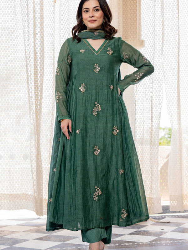 Women's Chanderi Silk Embroidered Kurti Pant Set with Embroidered Chanderi Gadhwal Dupatta